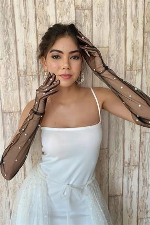 Bridal Costume Wedding Gloves Long Tulle Gloves with Black Pearls