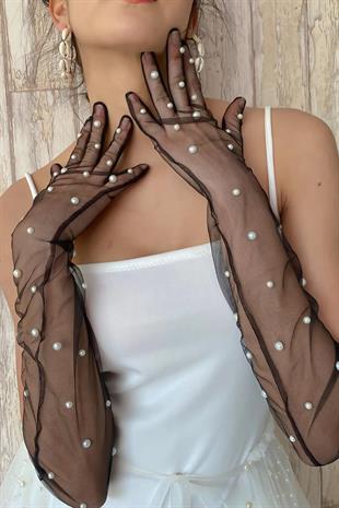 Bridal Costume Wedding Gloves Long Tulle Gloves with Black Pearls