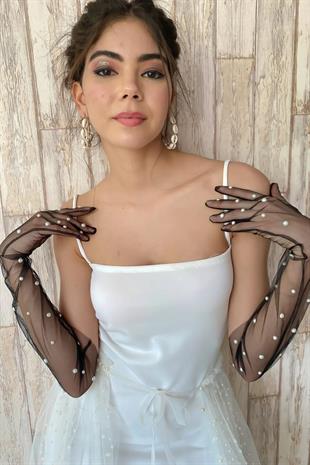 Bridal Costume Wedding Gloves Long Tulle Gloves with Black Pearls