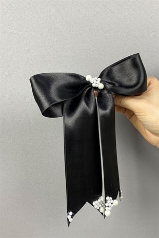 Siyah İncili Tasarım Fiyonklu Saç Tokası