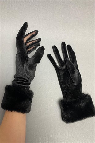 Black Silk Velvet Fur Gloves