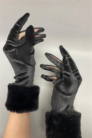 Black Silk Velvet Fur Gloves