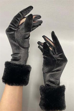 Black Silk Velvet Fur Gloves