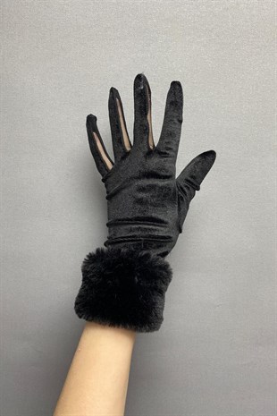 Black Silk Velvet Fur Gloves