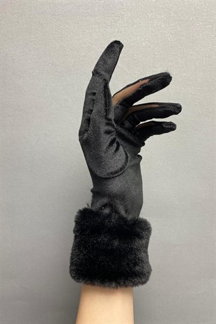 Black Silk Velvet Fur Gloves
