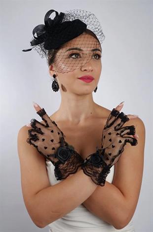 Siyah Kalpli Fiyonklu Gelin Eldiveni Düğün Nikah Aksesuarı Fascinator Şapka Seti