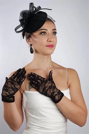 Siyah Kısa Dantelli Gelin Eldiveni Düğün Nikah Aksesuarı Fascinator Şapka Seti