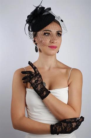 Siyah Kısa Dantelli Gelin Eldiveni Düğün Nikah Aksesuarı Fascinator Şapka Seti