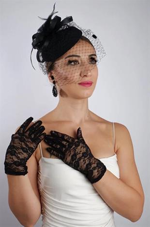 Siyah Kısa Dantelli Gelin Eldiveni Düğün Nikah Aksesuarı Fascinator Şapka Seti