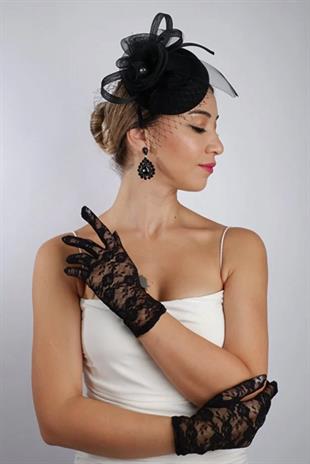 Siyah Kısa Dantelli Gelin Eldiveni Düğün Nikah Aksesuarı Fascinator Şapka Seti