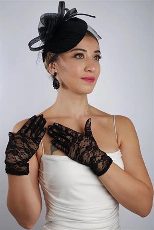 Siyah Kısa Dantelli Gelin Eldiveni Düğün Nikah Aksesuarı Fascinator Şapka Seti