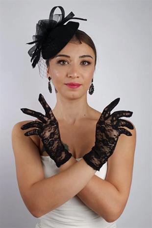 Siyah Kısa Dantelli Gelin Eldiveni Düğün Nikah Aksesuarı Fascinator Şapka Seti