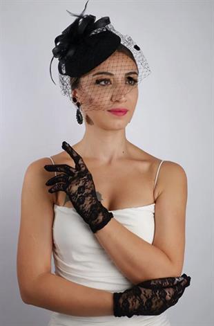 Siyah Kısa Dantelli Gelin Eldiveni Düğün Nikah Aksesuarı Fascinator Şapka Seti