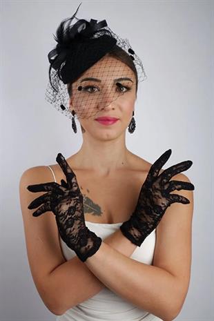 Siyah Kısa Dantelli Gelin Eldiveni Düğün Nikah Aksesuarı Fascinator Şapka Seti