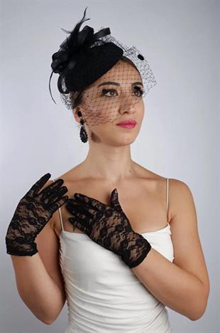 Siyah Kısa Dantelli Gelin Eldiveni Düğün Nikah Aksesuarı Fascinator Şapka Seti
