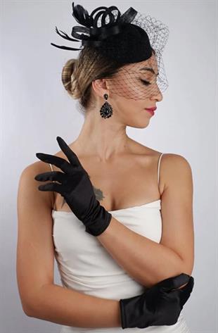 Siyah Kısa Gelin Eldiveni Düğün Nikah Aksesuarı Fascinator Şapka Seti