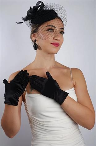 Siyah Kısa Gelin Eldiveni Düğün Nikah Aksesuarı Fascinator Şapka Seti