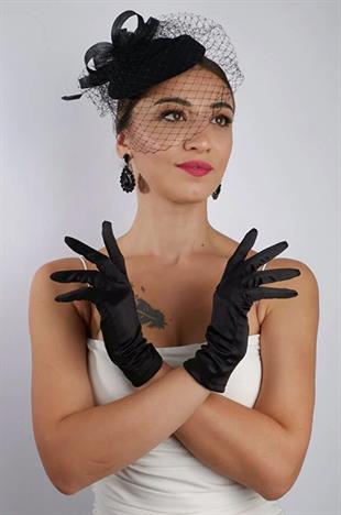 Siyah Kısa Gelin Eldiveni Düğün Nikah Aksesuarı Fascinator Şapka Seti