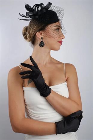 Siyah Kısa Gelin Eldiveni Düğün Nikah Aksesuarı Fascinator Şapka Seti