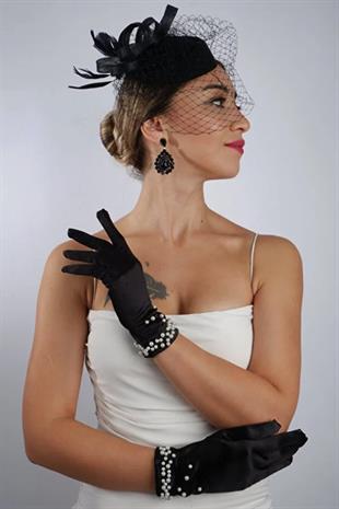 Siyah Kısa İncili Gelin Eldiveni Düğün Nikah Aksesuarı Fascinator Şapka Seti