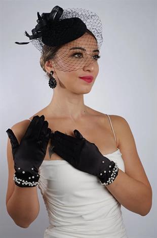 Siyah Kısa İncili Gelin Eldiveni Düğün Nikah Aksesuarı Fascinator Şapka Seti