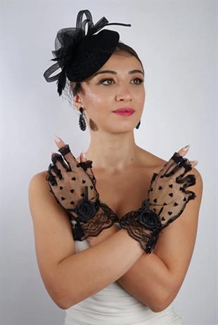 Siyah Kısa Kalpli Fiyonklu Gelin Eldiveni Düğün Nikah Aksesuarı Fascinator Şapka Seti