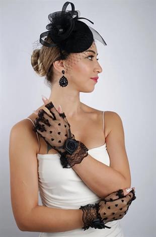 Siyah Kısa Kalpli Fiyonklu Gelin Eldiveni Düğün Nikah Aksesuarı Fascinator Şapka Seti
