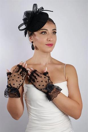 Siyah Kısa Kalpli Fiyonklu Gelin Eldiveni Düğün Nikah Aksesuarı Fascinator Şapka Seti
