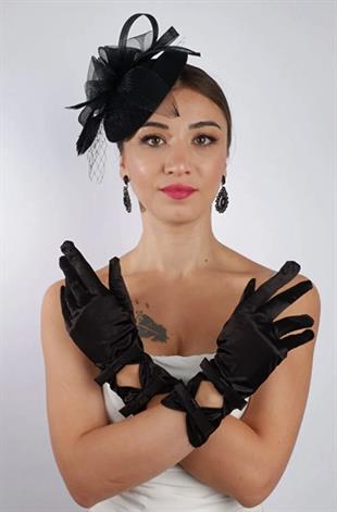 Siyah Kısa Saten Gelin Eldiveni Düğün Nikah Aksesuarı Fascinator Şapka Seti