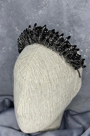 Siyah Kristal Boncuk İşlemeli Buğlem Gelin Tacı