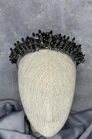 Siyah Kristal Boncuk İşlemeli Buğlem Gelin Tacı