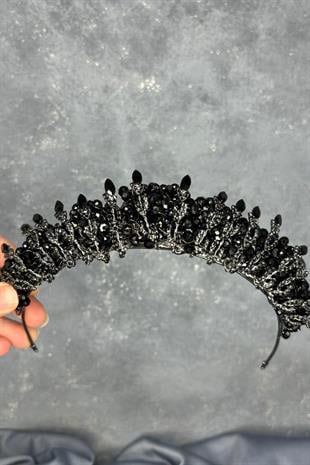 Siyah Kristal Boncuk İşlemeli Buğlem Gelin Tacı