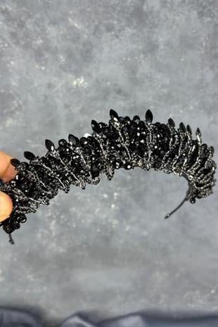 Siyah Kristal Boncuk İşlemeli Buğlem Gelin Tacı