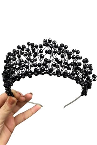 Siyah Kristal Boncuklu Aren Gelin ve Kına Tacı