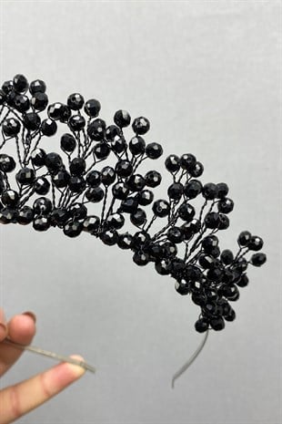 Siyah Kristal Boncuklu Aren Gelin ve Kına Tacı