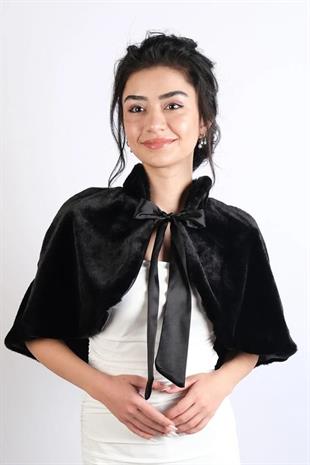 Siyah Kurdele Broşlu Gelin Bolero Kürkü