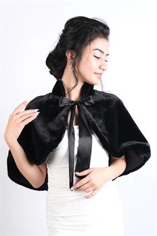 Siyah Kurdele Broşlu Gelin Bolero Kürkü