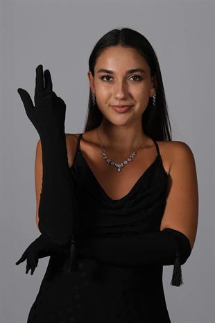 الجملة السوداء ليكرا سيندي النسيج Tasseled قفازات طويلة