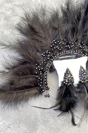 Black Maya Hairy Crystal Beaded Bridal Henna Tiara and Earring