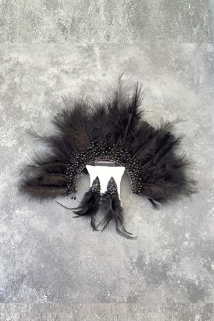 Black Maya Hairy Crystal Beaded Bridal Henna Tiara and Earring