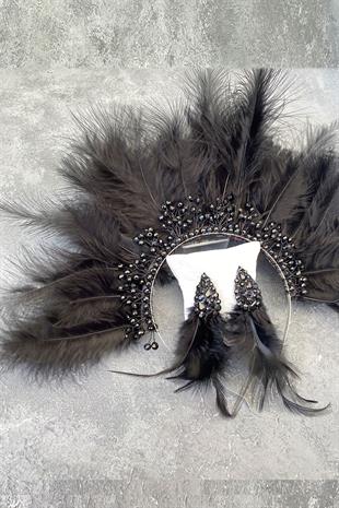 Black Maya Hairy Crystal Beaded Bridal Henna Tiara and Earring