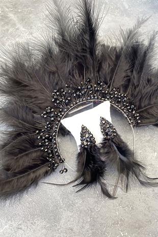Black Maya Hairy Crystal Beaded Bridal Henna Tiara and Earring