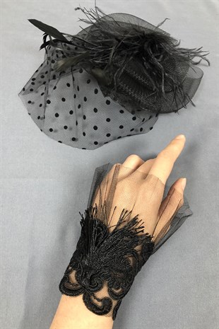 Black Wedding Hat and Bracelet Accessory Face Veils