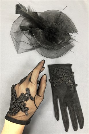 Black Wedding Hat and Beaded Gloves Face Veils