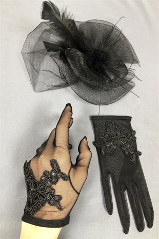 Black Wedding Hat and Beaded Gloves Face Veils