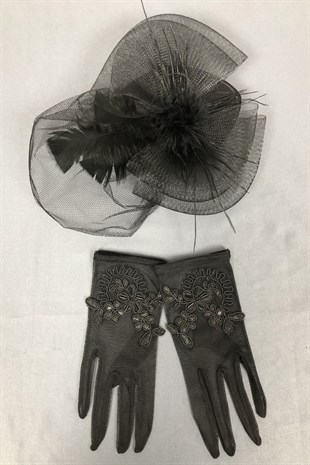 Black Wedding Hat and Beaded Gloves Face Veils