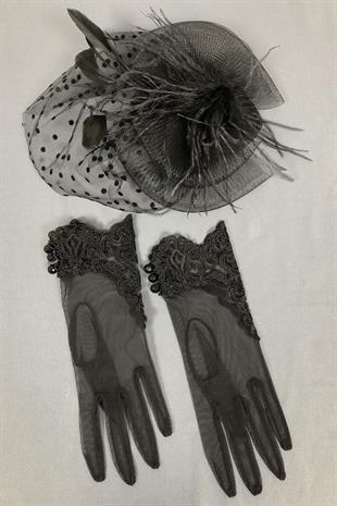 الجملة قبعة الزفاف السوداء وقفازات الدانتيل