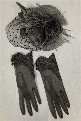 Black Wedding Hat and Lace Gloves Face Veils