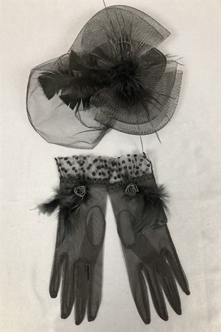 Black Wedding Hat and Polka Dot Gloves Face Veils