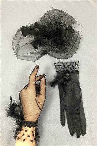 Black Wedding Hat and Polka Dot Gloves Face Veils